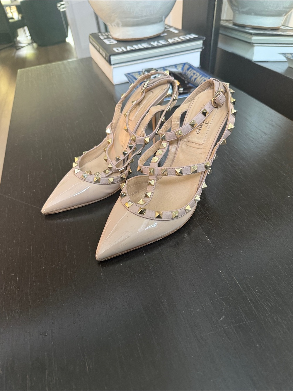 Valentino Nude Patent Leather Rockstud T-Strap Pumps